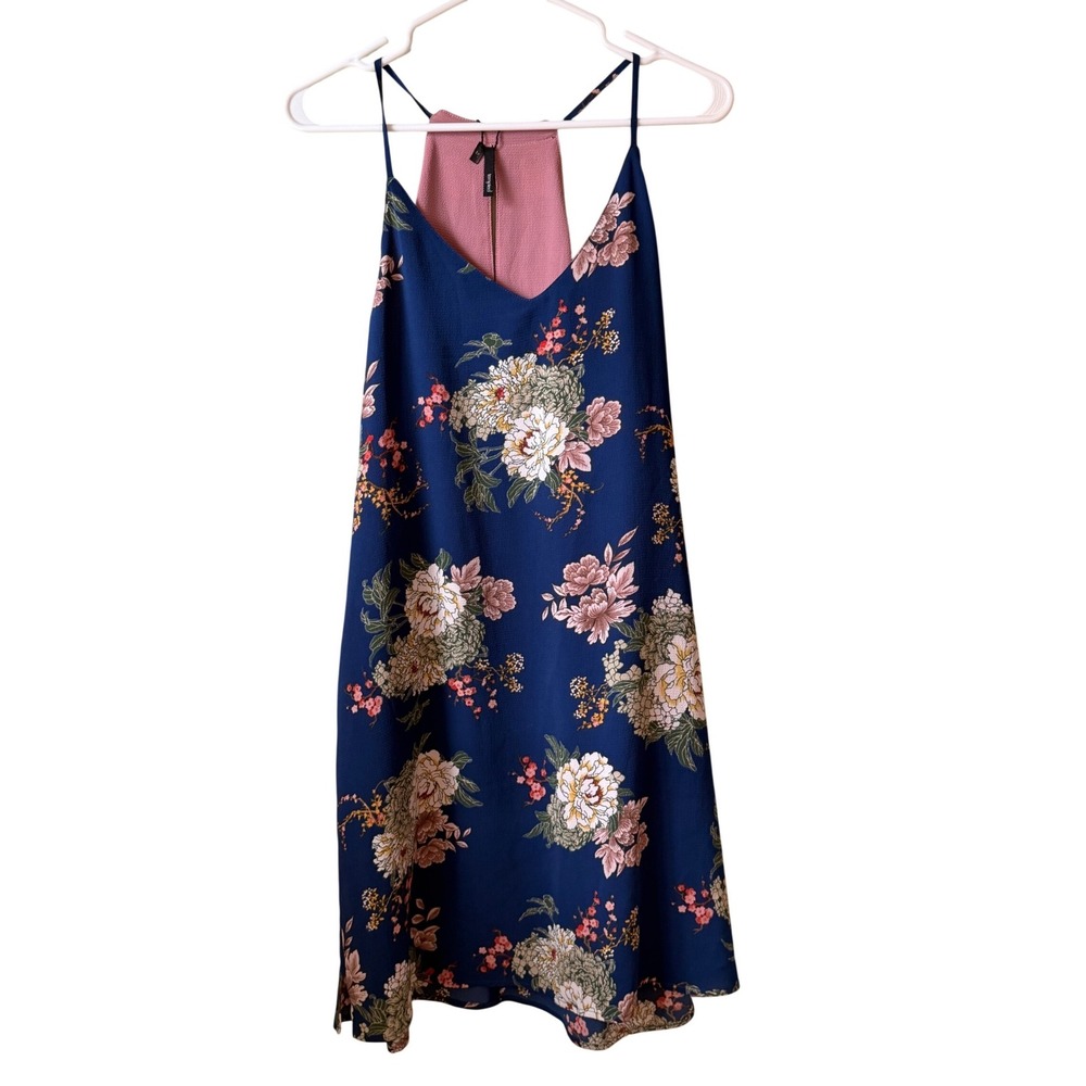Tempted Navy‎ Blue Floral Spaghetti Strap Mini Dress Pink Contrast Back Large